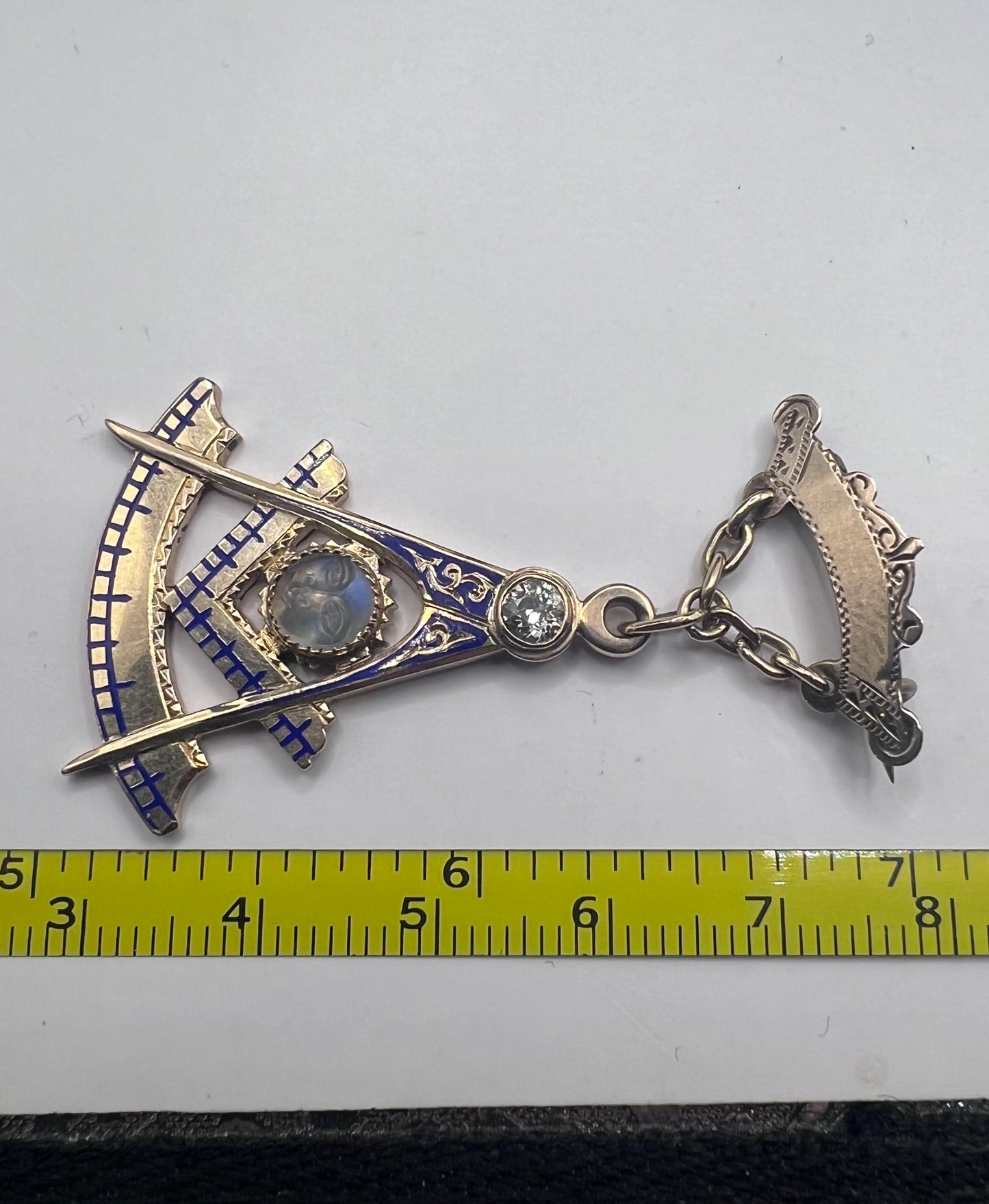 Rare 9ct Antique Diamond & Carved Moonstone Face Blue Enamel Masonic Pendant