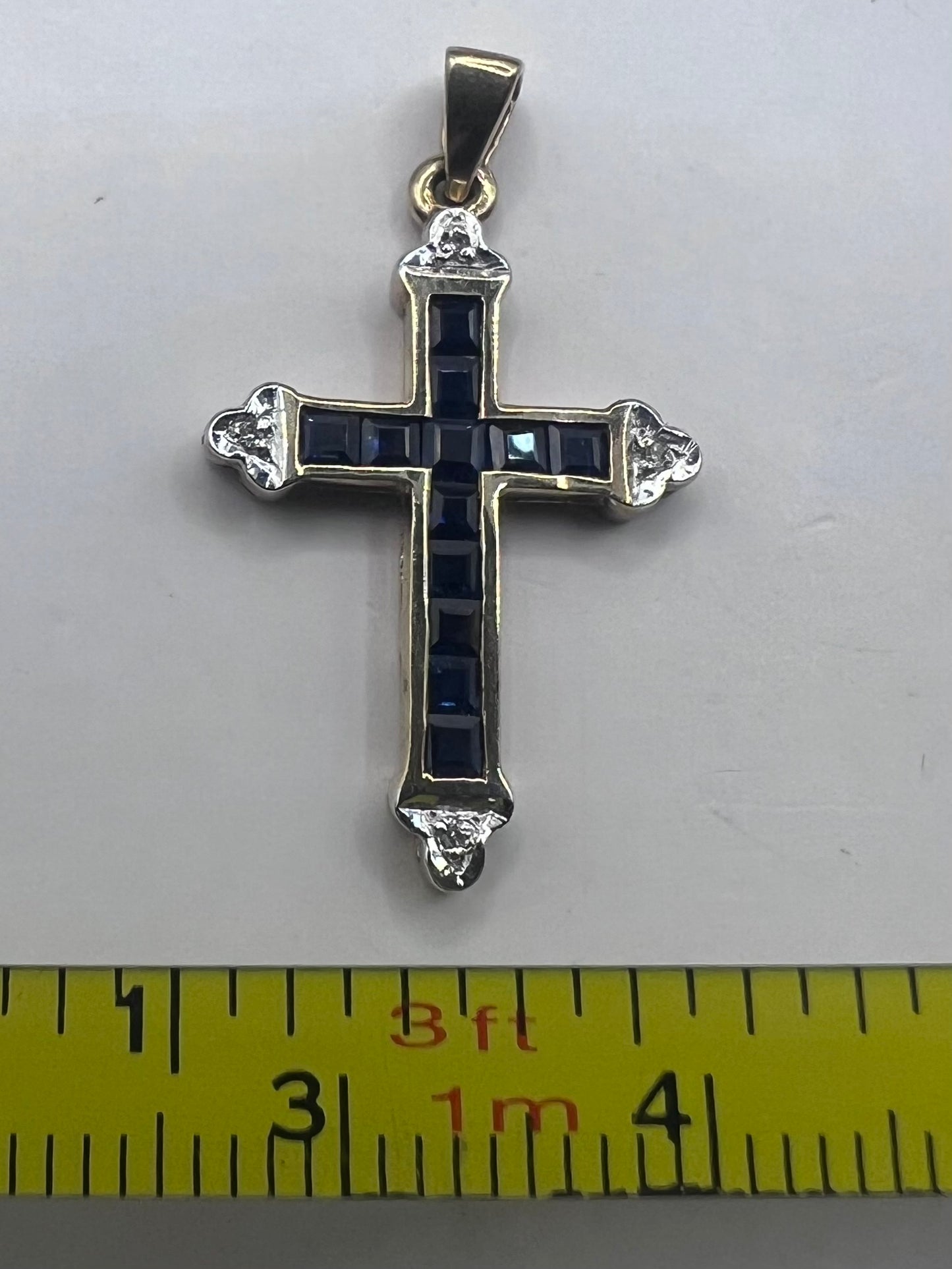 Vintage 9ct Yellow Gold Sapphire & Diamond Cross Pendant • 1.85 Grams