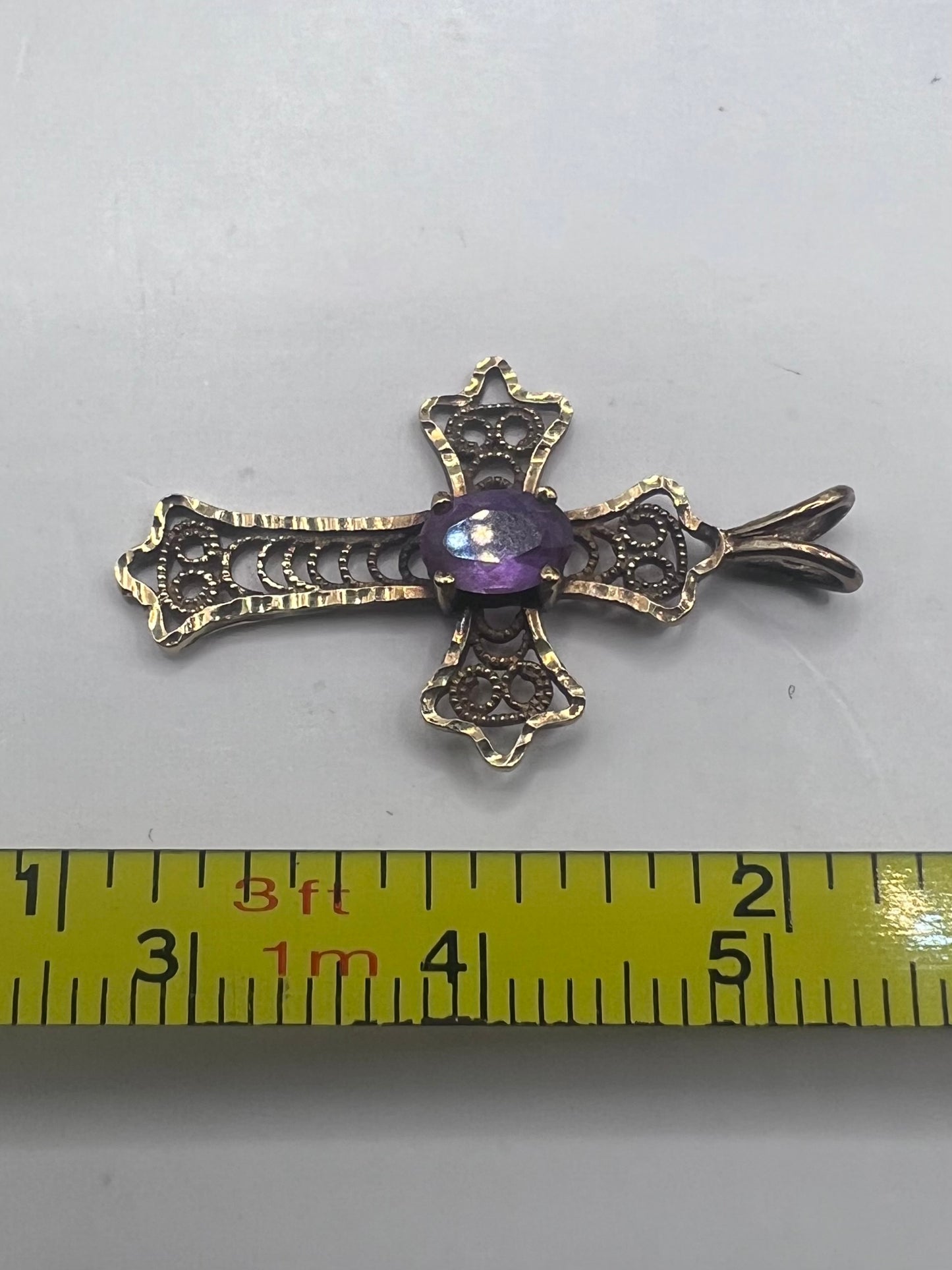 Vintage 9ct Yellow Gold Amethyst Cross Pendant • 1.18 Grams