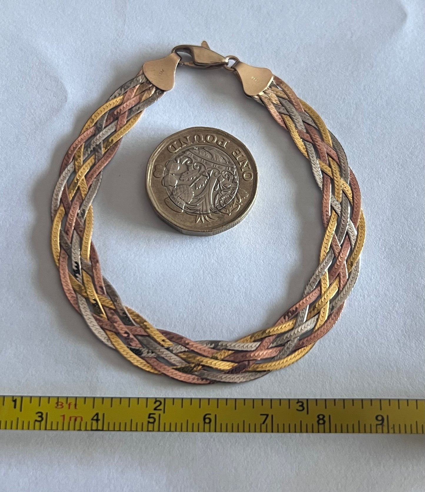 Vintage 9ct Tri Colour Herringbone Bracelet • 5.18 Grams