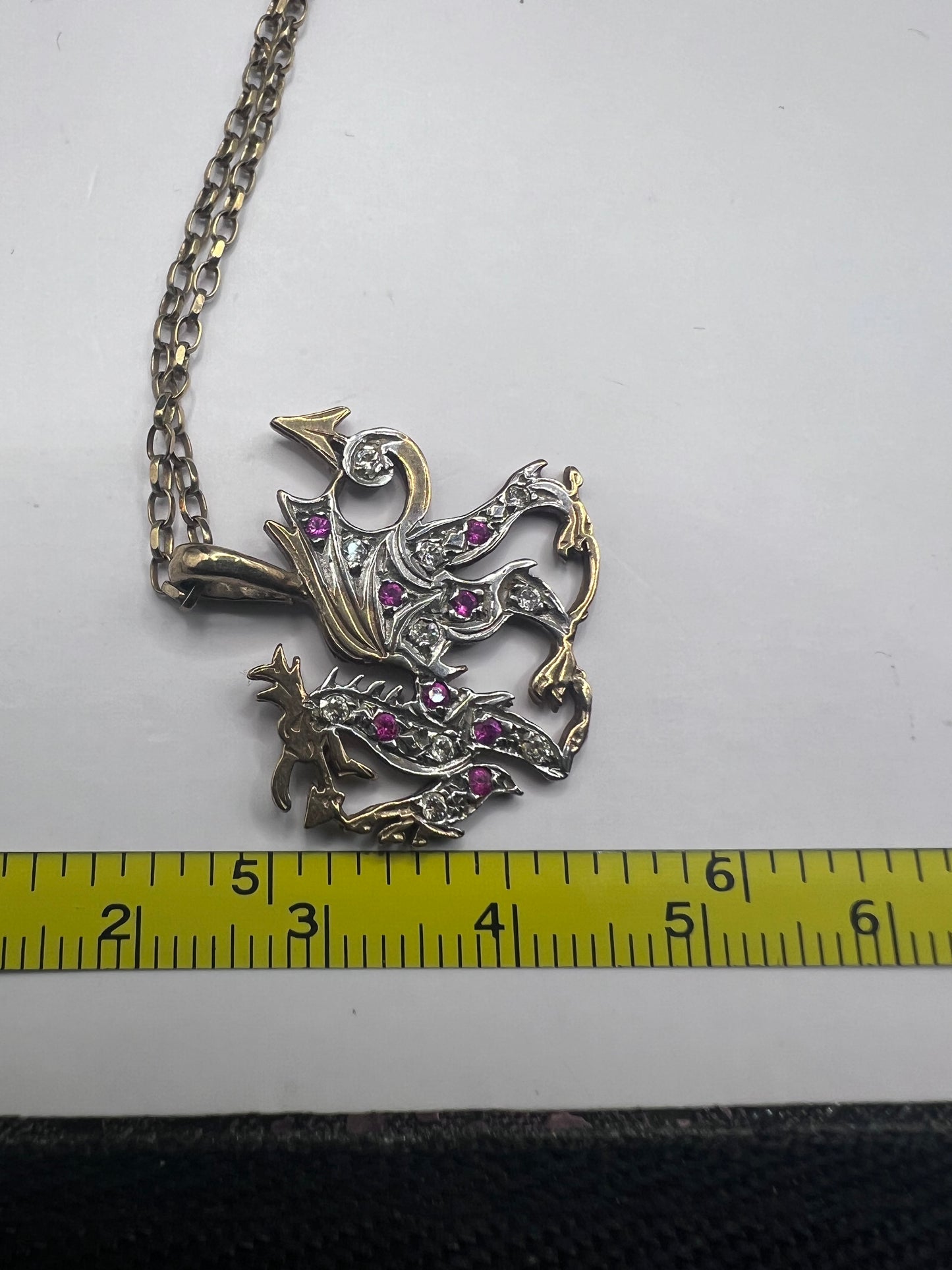 Quality 9ct Yellow Gold Ruby & Diamond Dragon Pendant & Chain • 5.84 Grams
