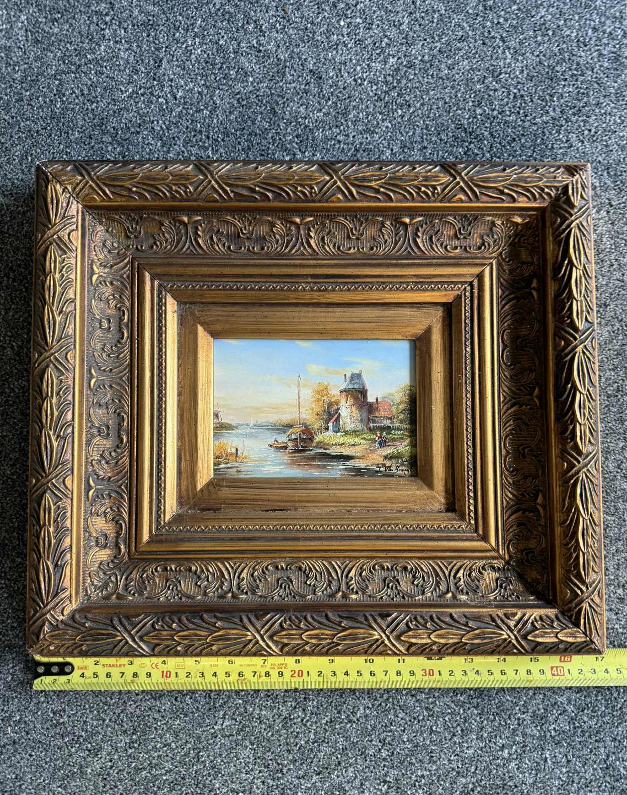 Vintage Framed Oil Painting Of Dutch Boats & Wind Mill - Signed - "Ivor Brough"