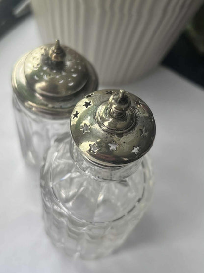 Antique Silver Top Crystal Salt and Pepper Shakers