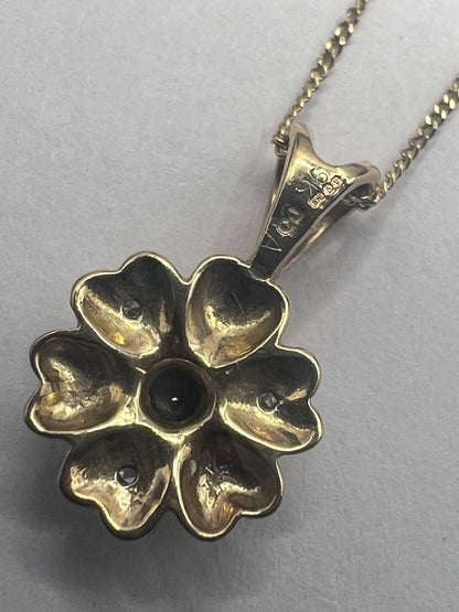 Vintage 9ct Yellow Gold Sapphire & Diamond Flower Pendant & Chain • 1.95 Grams