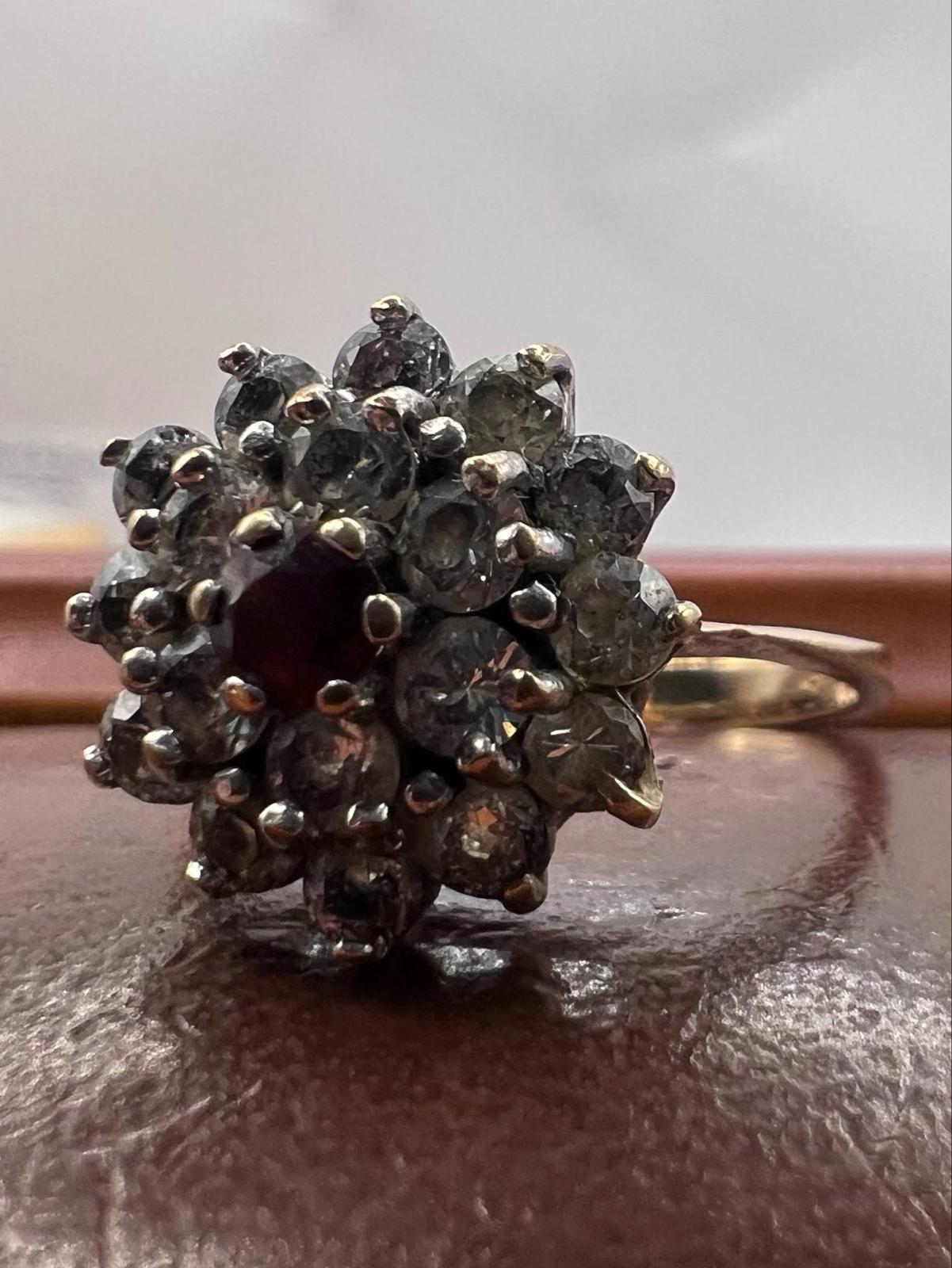 Vintage 9ct Yellow Gold Garnet & White Stone Ring • Size - P  • 3.23 Grams
