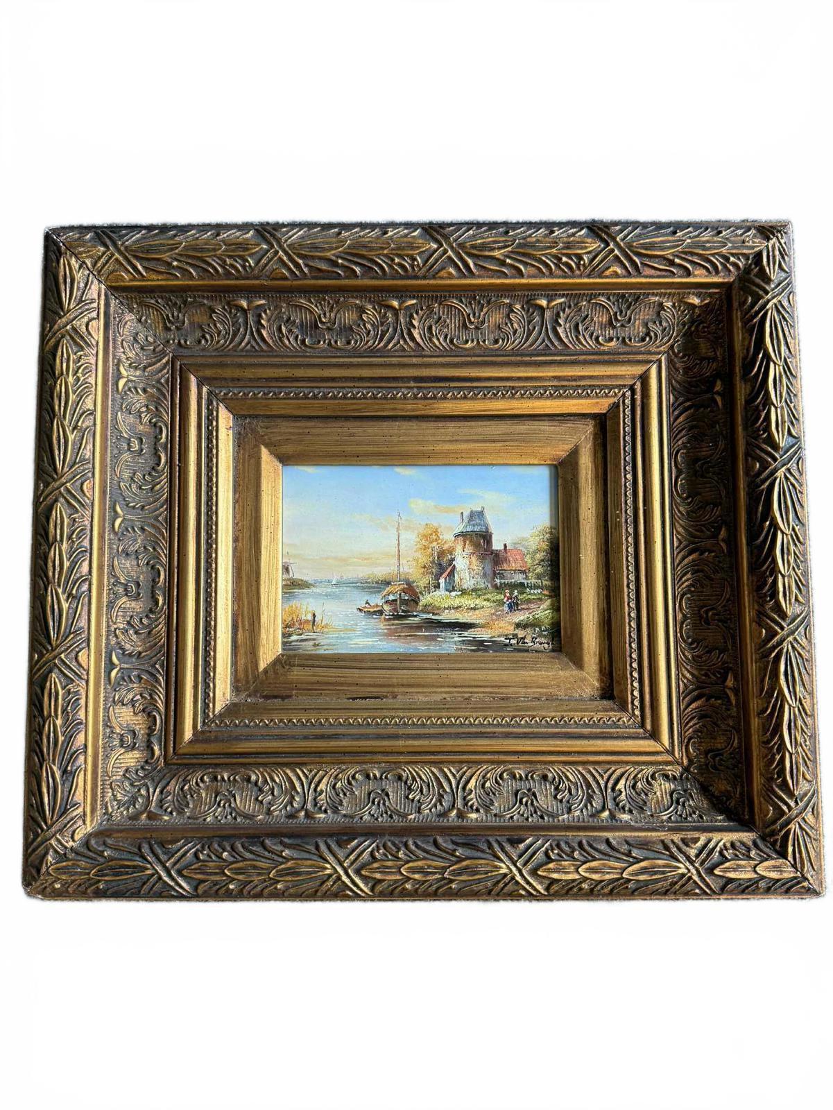 Vintage Framed Oil Painting Of Dutch Boats & Wind Mill - Signed - "Ivor Brough"
