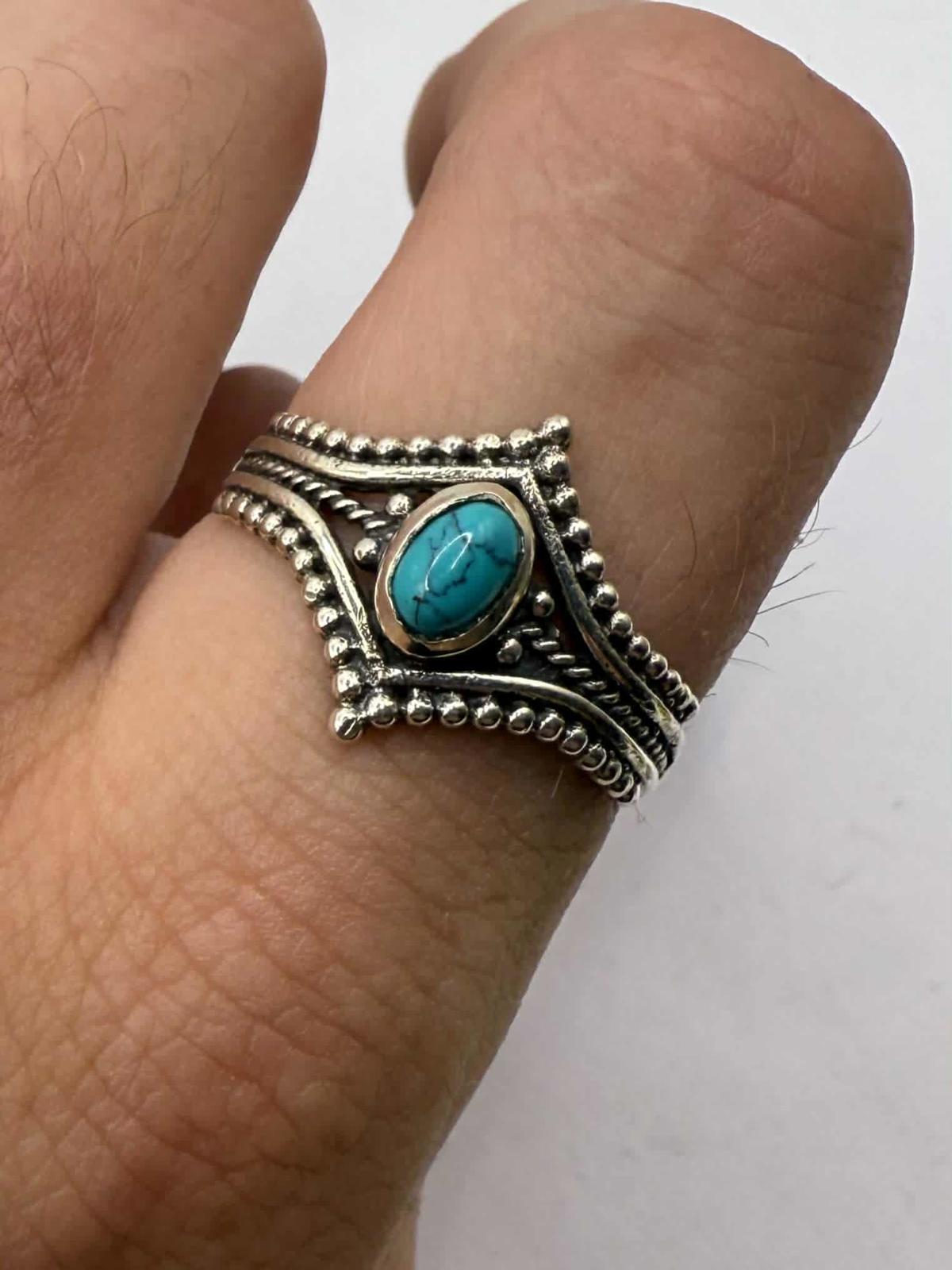 Quality 925 Sterling Silver Turquoise Set Ring • Size - V • 3.25 Grams