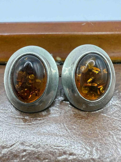 Quality 925 Sterling Silver Amber Set Stud Earrings • 2.45 Grams