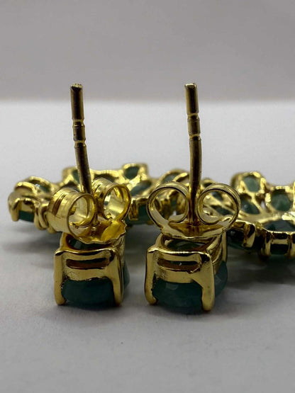 Quality 925 Gold Plated Emerald Cluster Dangle Earrings - 6.19 Grams
