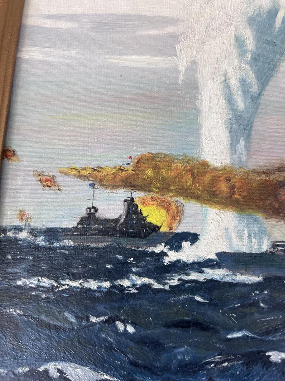 Dramatic Naval Battle Oil Painting - 1965 - Signed "H Johnson"