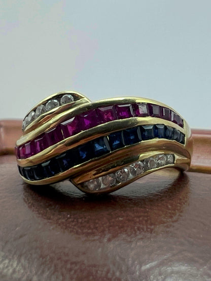 Quality 18ct Yellow Gold Sapphire, Ruby & Diamond Ring - N