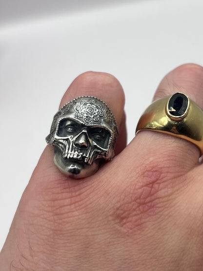 Quality 925 Sterling Silver Patterned Skull Ring • Size - M½