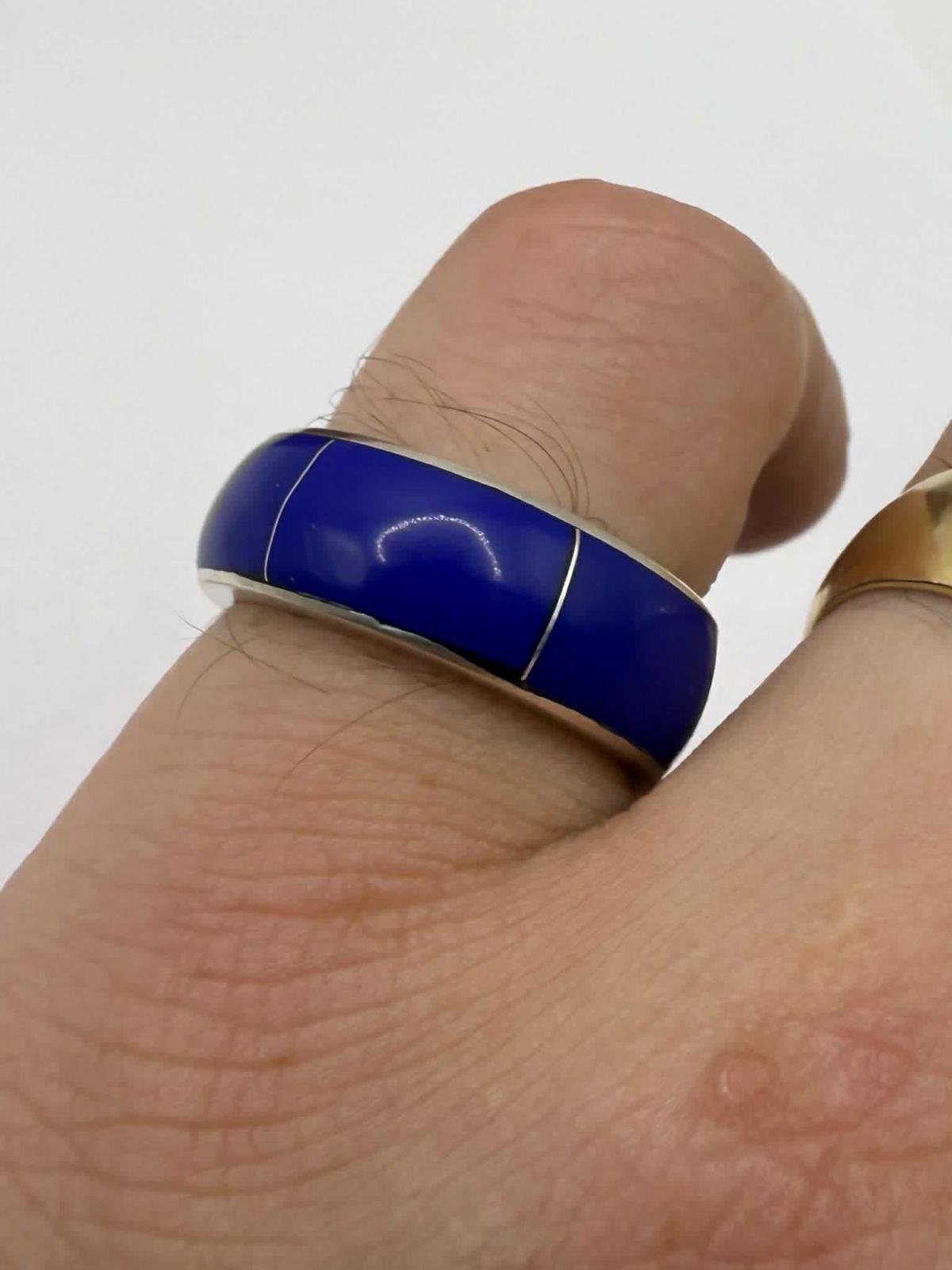 Mexican 925 Silver Blue Enamel Ring • Size - N • 5.62 Grams