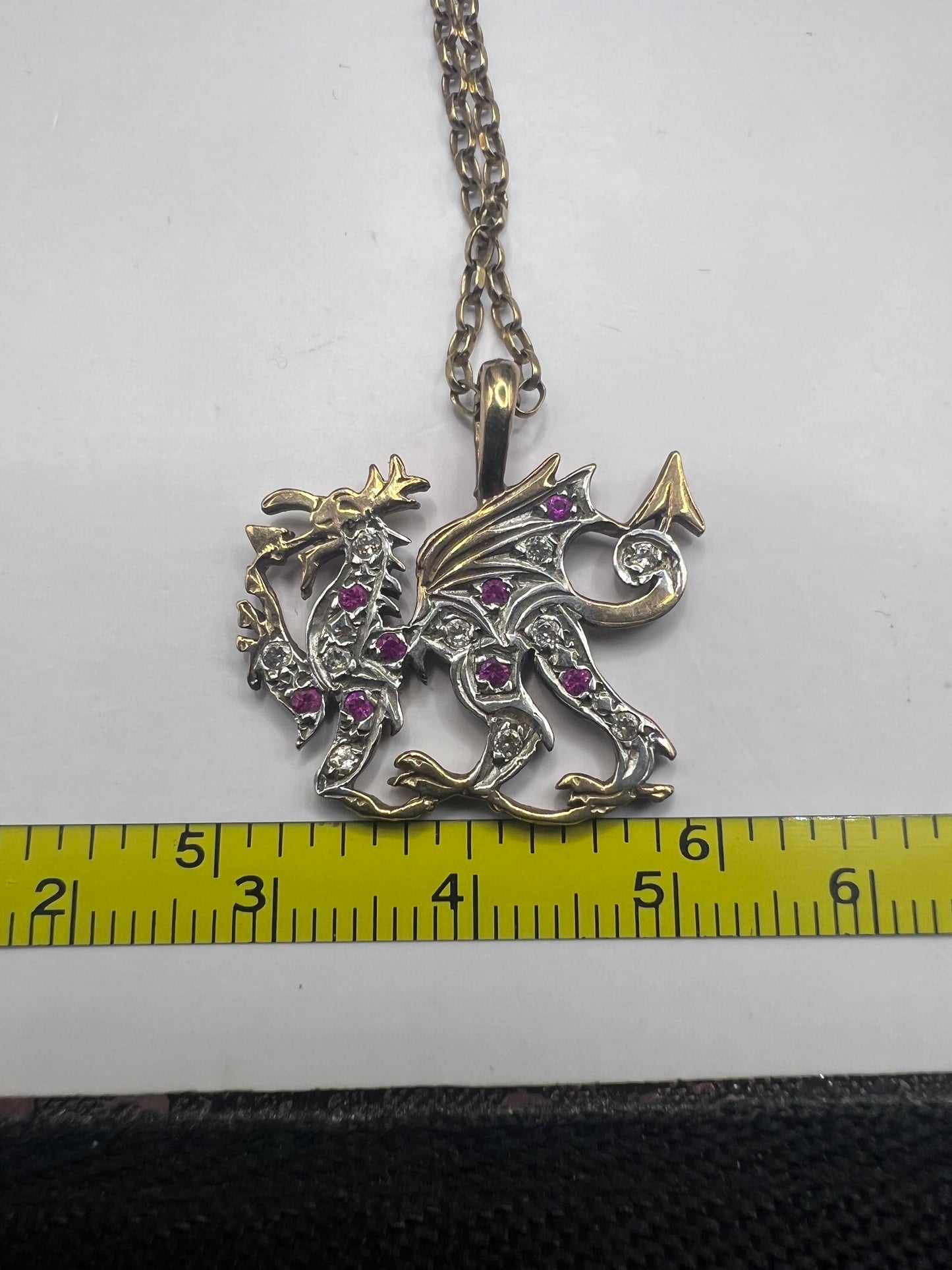 Quality 9ct Yellow Gold Ruby & Diamond Dragon Pendant & Chain • 5.84 Grams