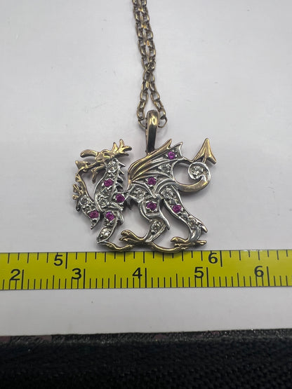 Quality 9ct Yellow Gold Ruby & Diamond Dragon Pendant & Chain • 5.84 Grams