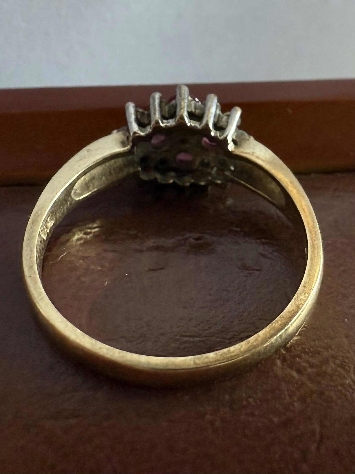 Vintage 9ct Yellow Gold Ruby & Diamond Cluster Ring • Size - O • 2.63 Grams