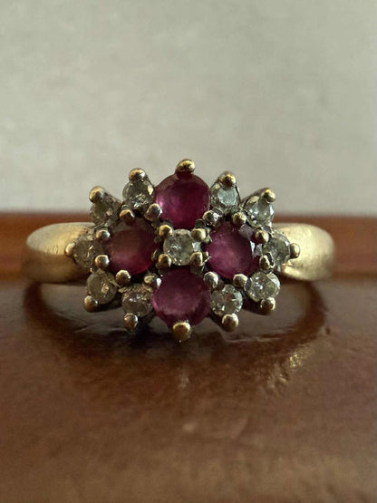 Vintage 9ct Yellow Gold Ruby & Diamond Cluster Ring • Size - O • 2.63 Grams