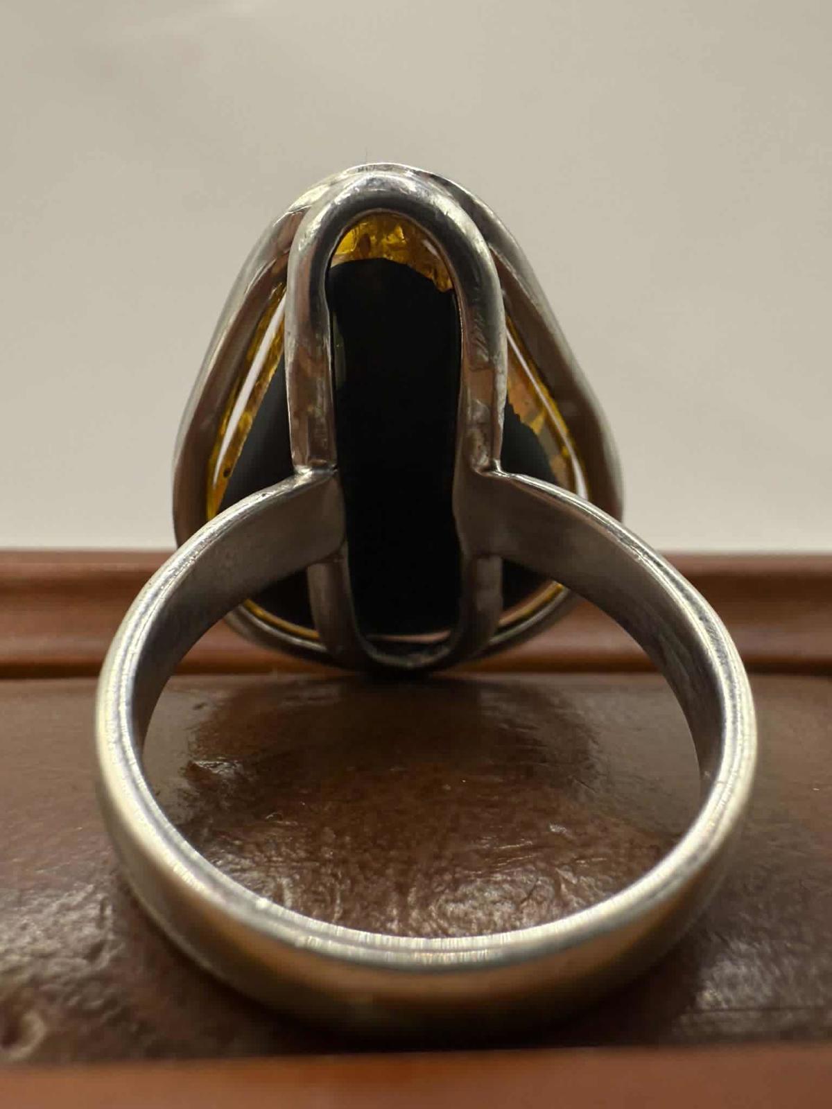 Quality 925 Sterling Silver Lively Amber Ring • Size - O½ • 6.60 Grams