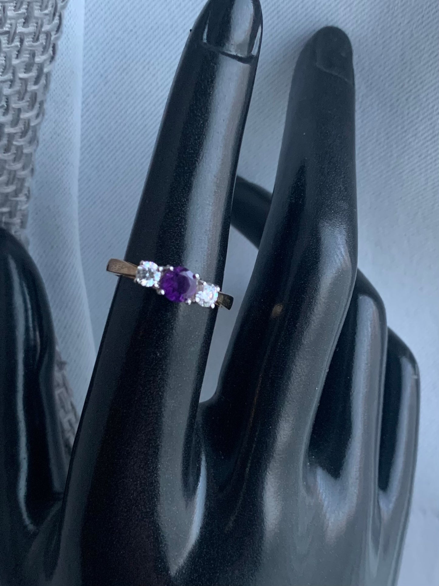 Vintage 9ct Yellow Gold Amethyst & Cz Trilogy Ring - N½