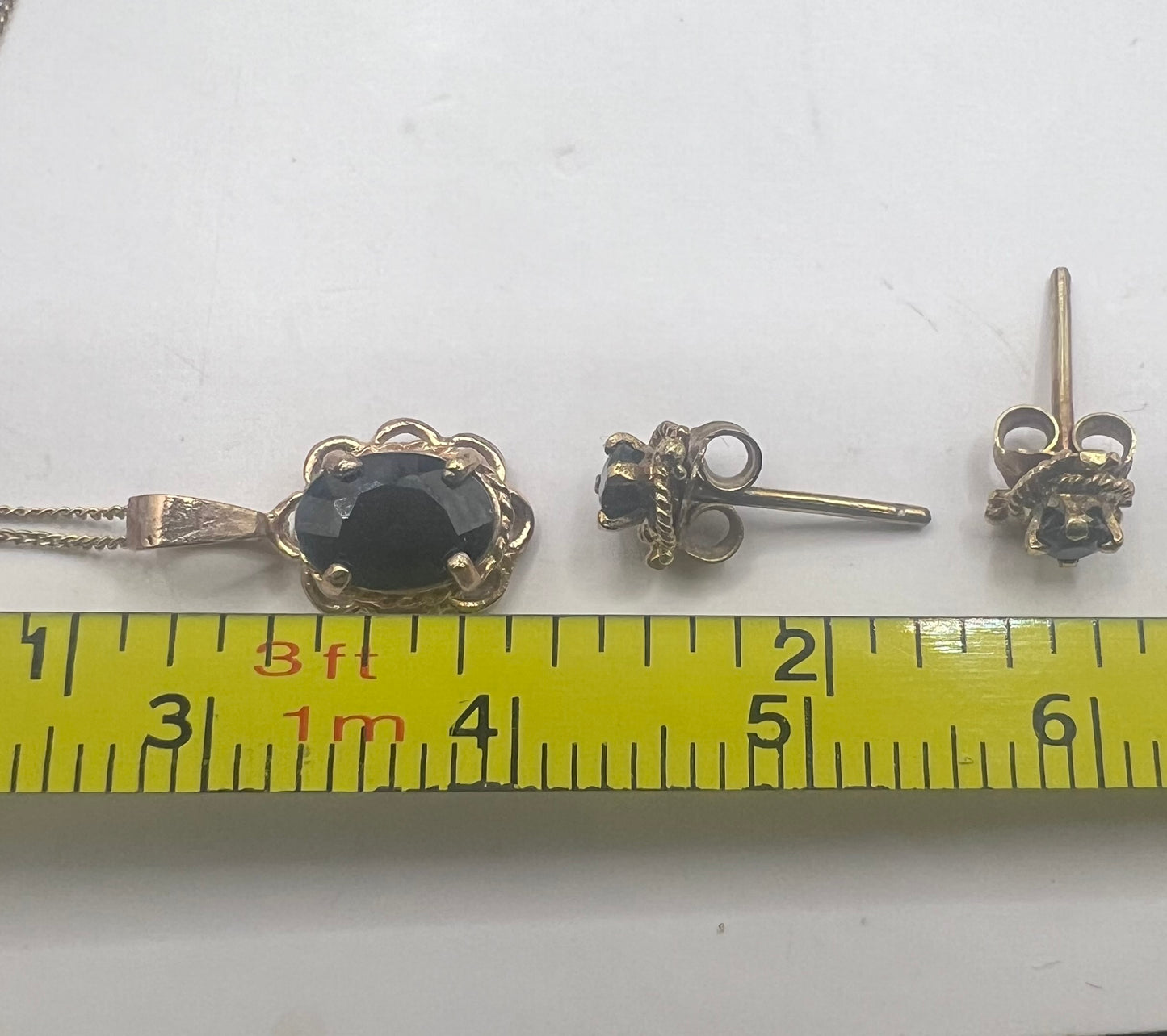 Vintage 9ct Yellow Gold Sapphire Necklace & Earrings Set • 1.99 Grams