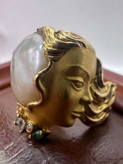Rare Carrera Y Carrera 18ct Yellow Gold Baroque Pearl Lady’s Head Ring