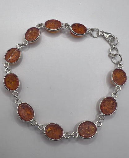 Quality 925 Sterling Silver Cabochon Amber Bracelet - 8 Inch