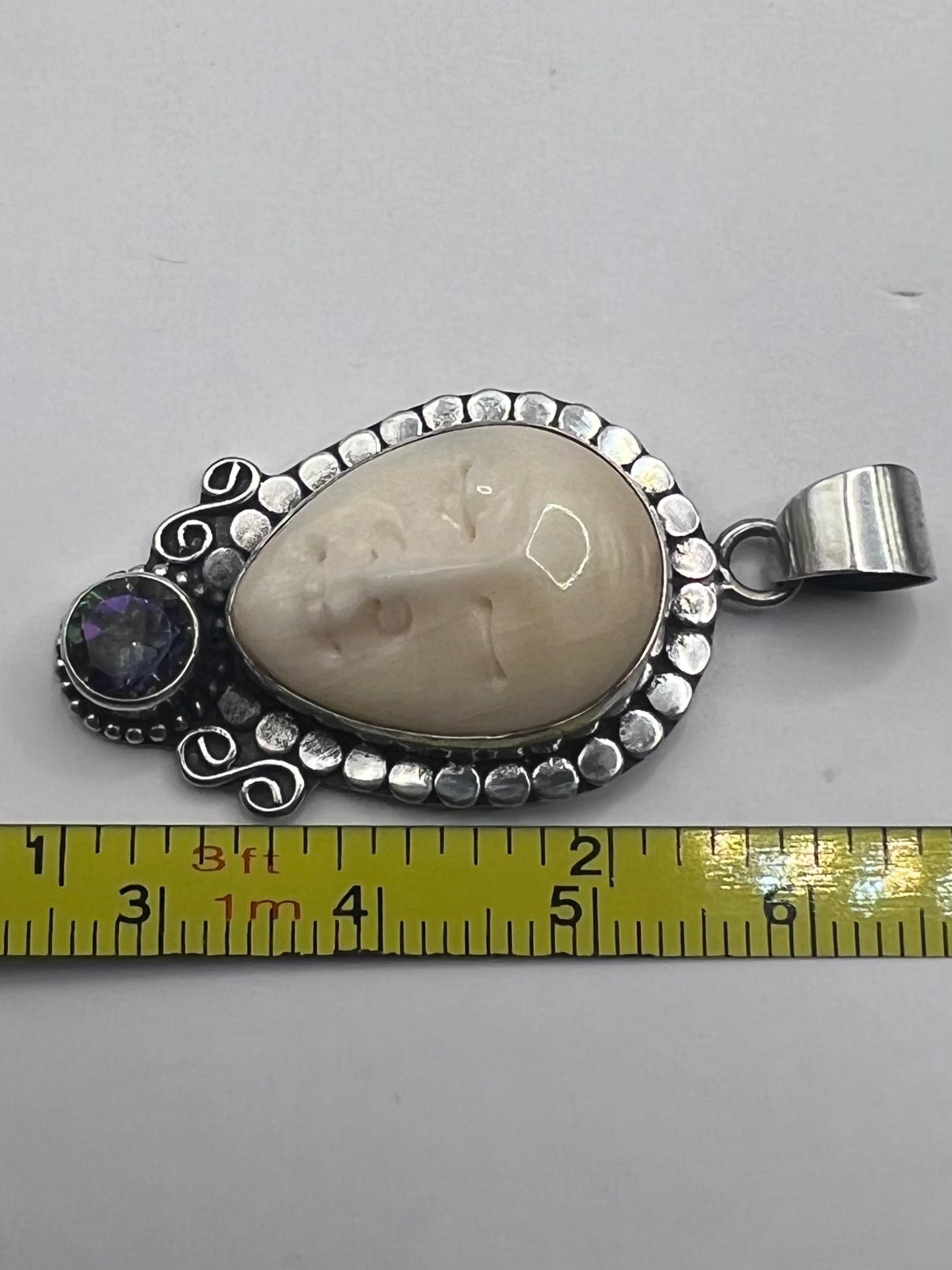 Unique 925 Sterling Silver Carved Jade Face & Mystic Topaz Pendant - 6.25 Grams