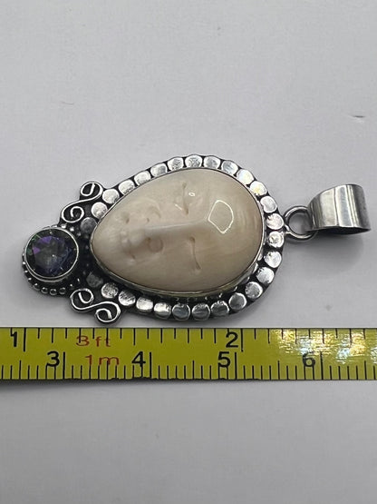 Unique 925 Sterling Silver Carved Jade Face & Mystic Topaz Pendant - 6.25 Grams