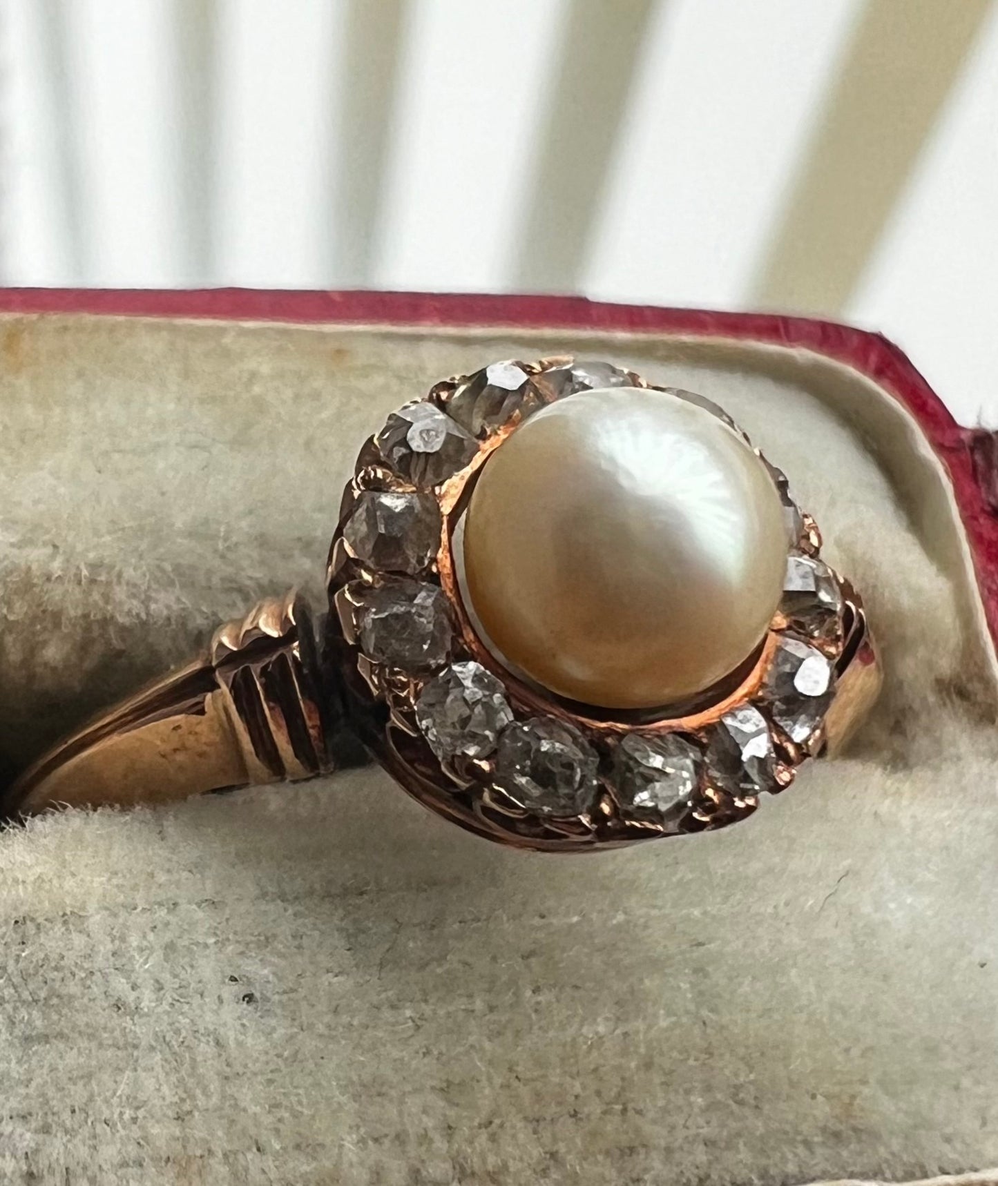 Antique 15ct Rose Gold Pearl & Old Cut Diamond 0.65ct Cluster Ring - K