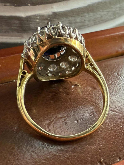 Vintage 18ct Yellow Gold 2ct Sapphire & 0.50ct Diamond Cluster Ring • Size - K½