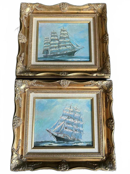 Vintage Ornate Framed Vibrant Maritime Oil Painting Set