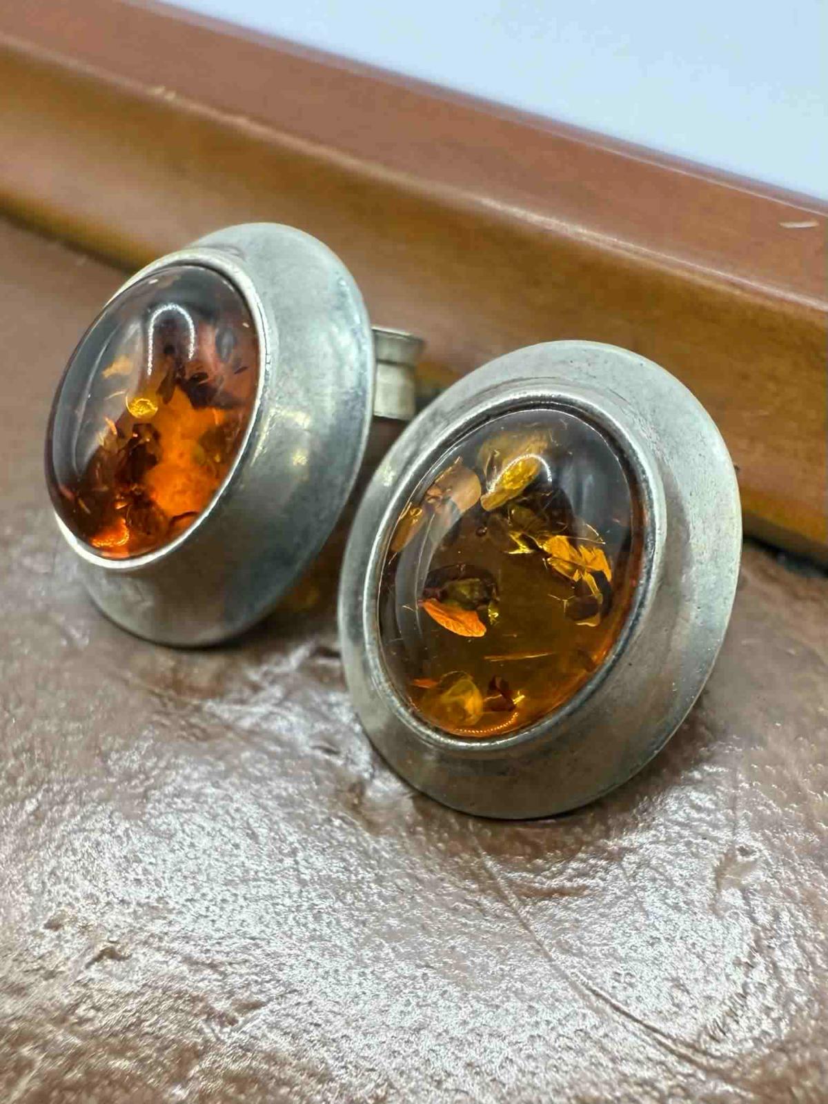 Quality 925 Sterling Silver Amber Set Stud Earrings • 2.45 Grams