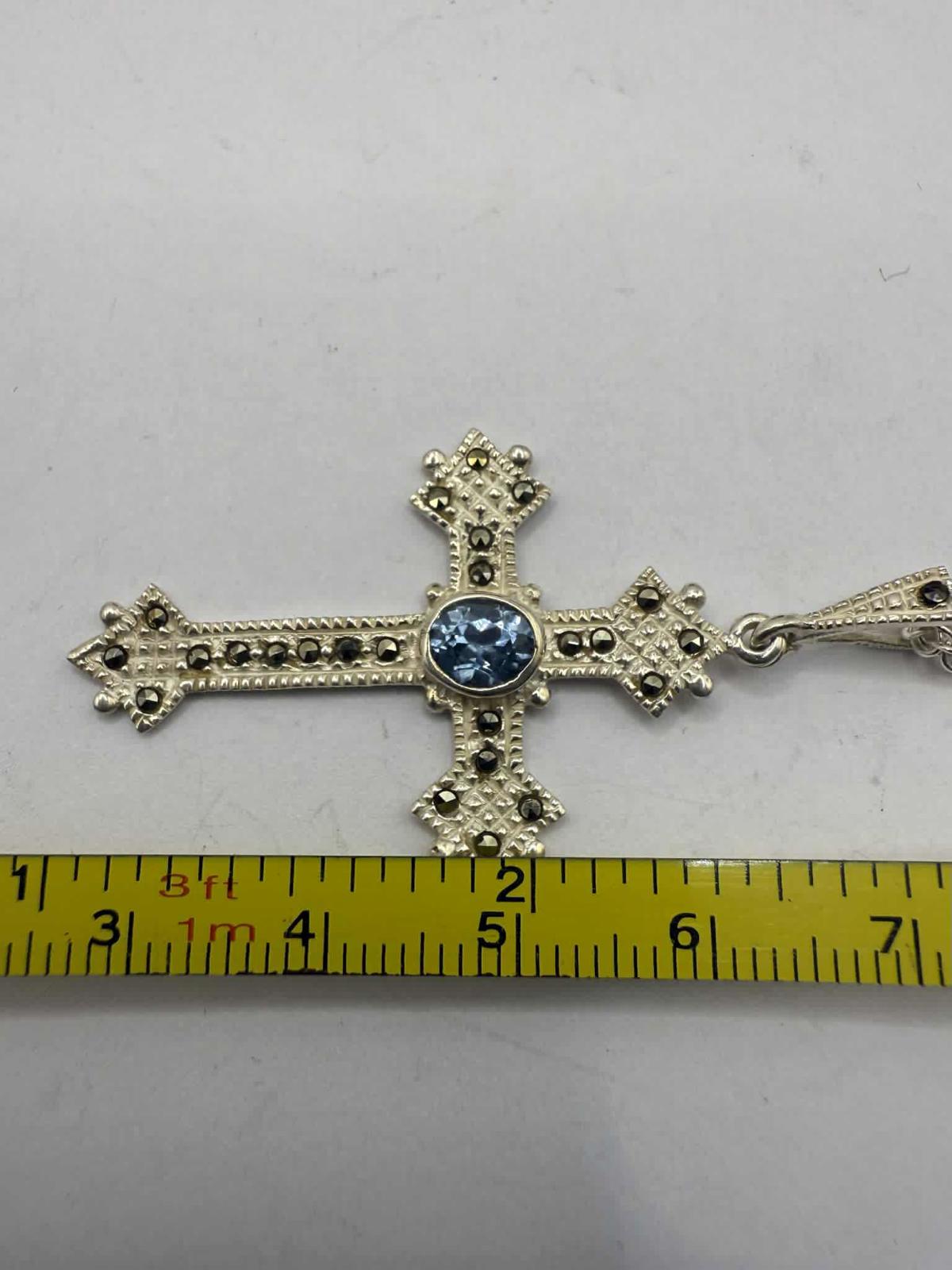Quality 925 Sterling Silver Stone Set Cross Pendant & Chain • 7.34 Grams
