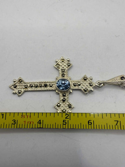 Quality 925 Sterling Silver Stone Set Cross Pendant & Chain • 7.34 Grams