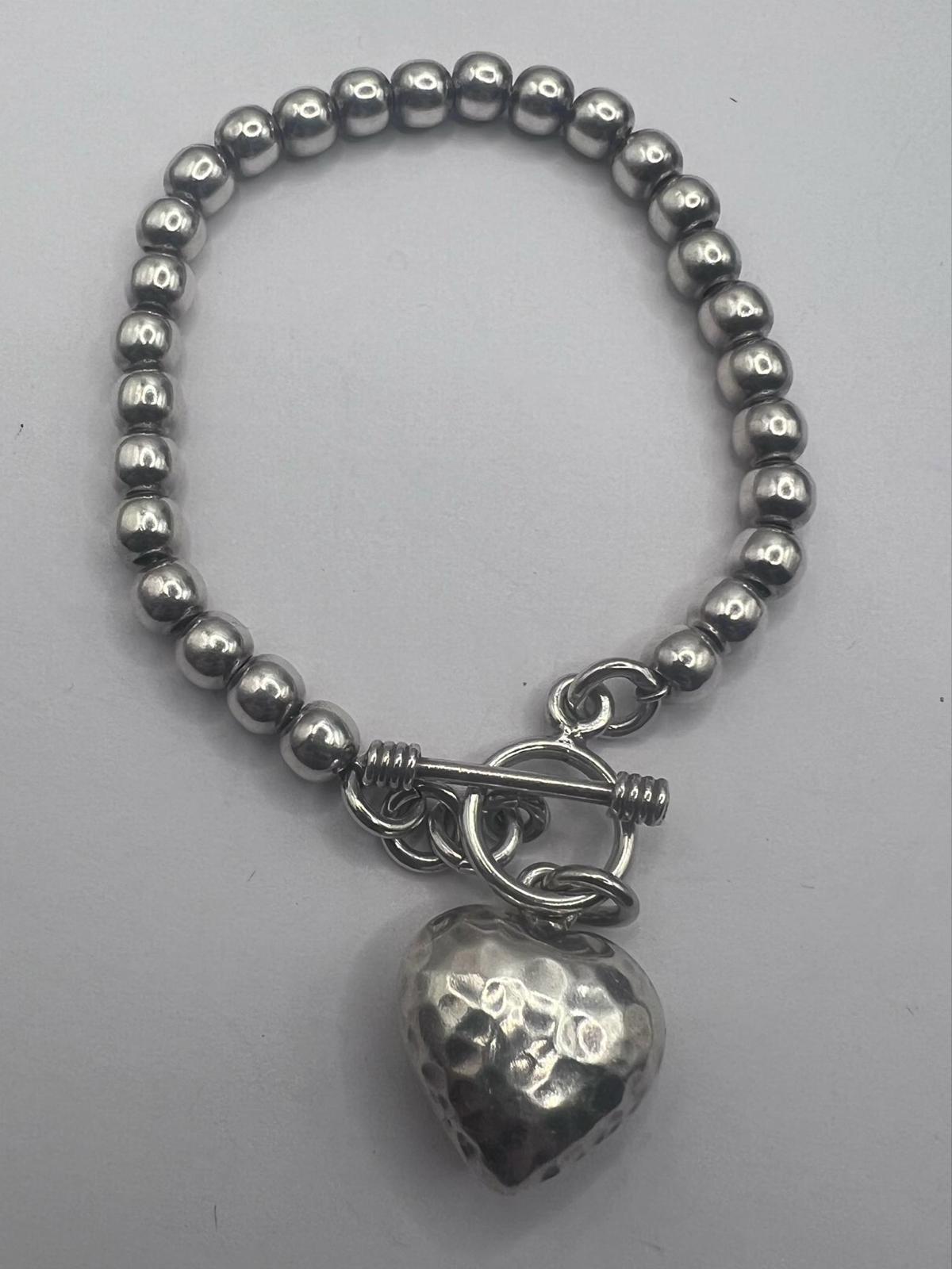 Quality 925 Sterling Silver Bead Heart Bracelet - 22.00 Grams - 7"