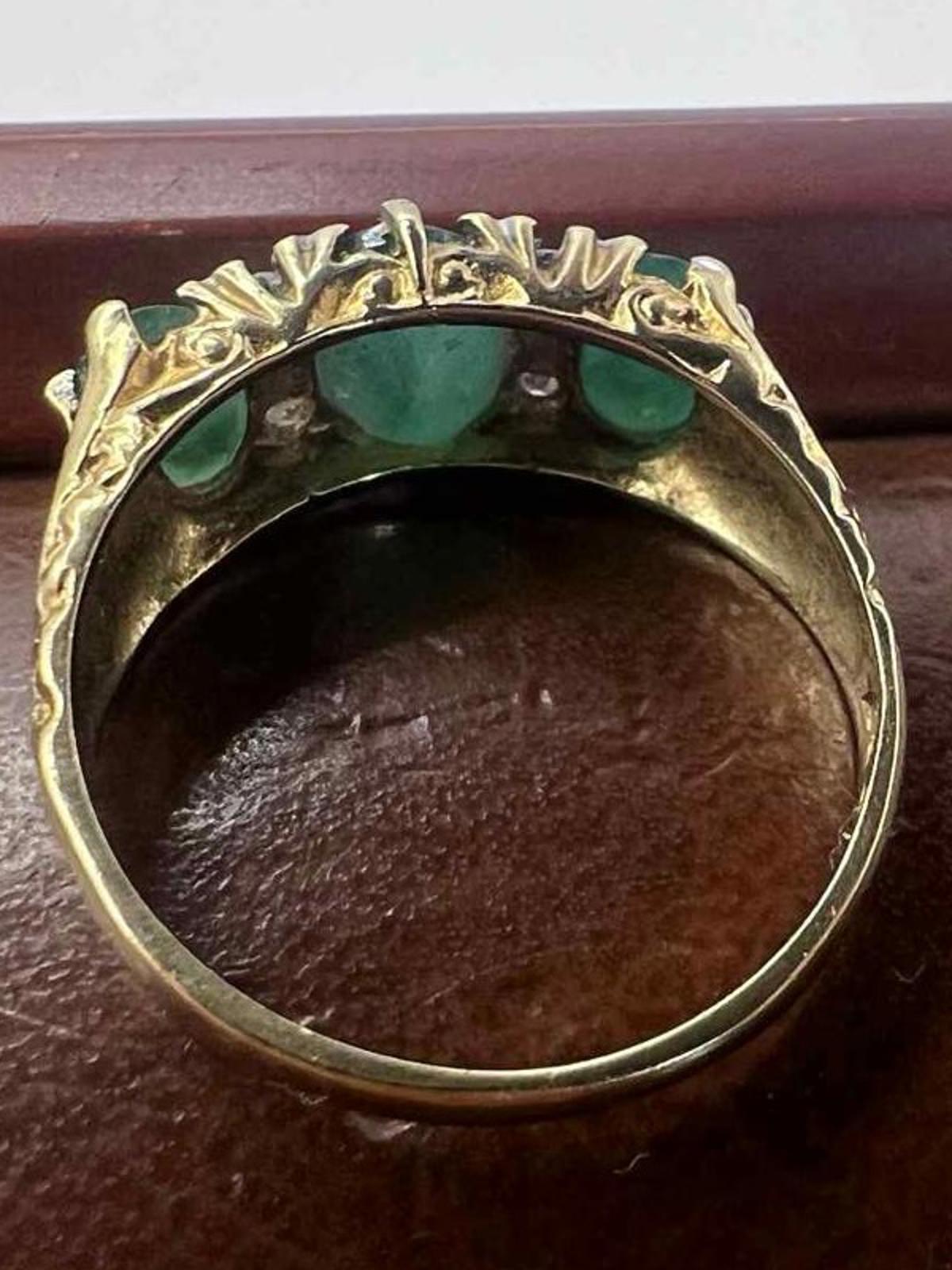 Vintage 9ct Yellow Gold Emerald & Diamond Trilogy Ring • 2.93 Grams • Size - P