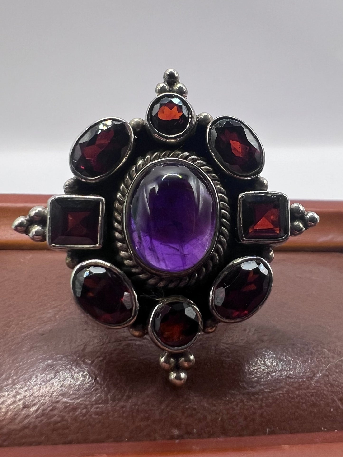 Unique 925 Sterling Silver Indian Amethyst & Garnet Ring • Size - P½
