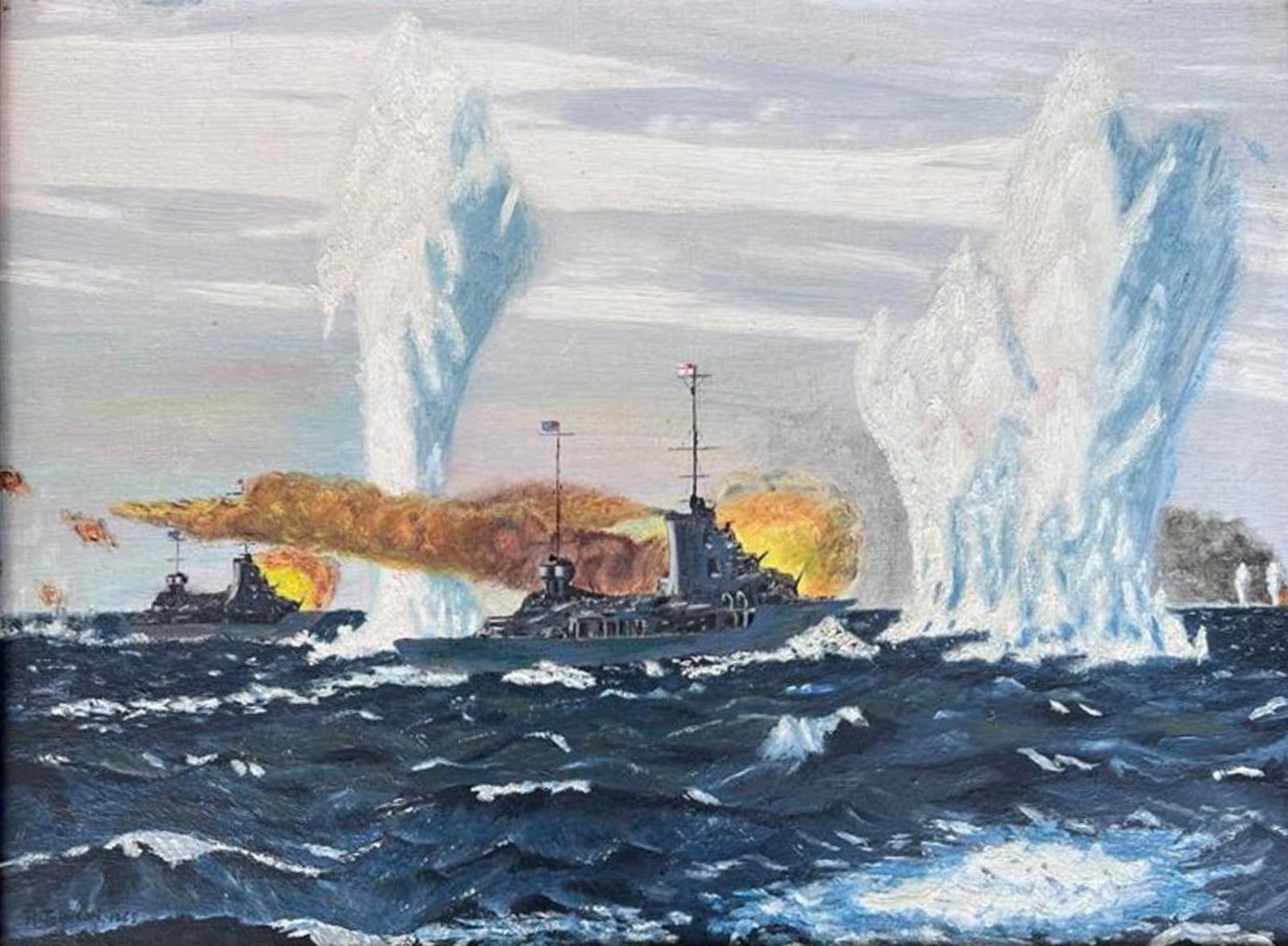 Dramatic Naval Battle Oil Painting - 1965 - Signed "H Johnson"