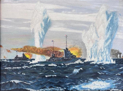 Dramatic Naval Battle Oil Painting - 1965 - Signed "H Johnson"