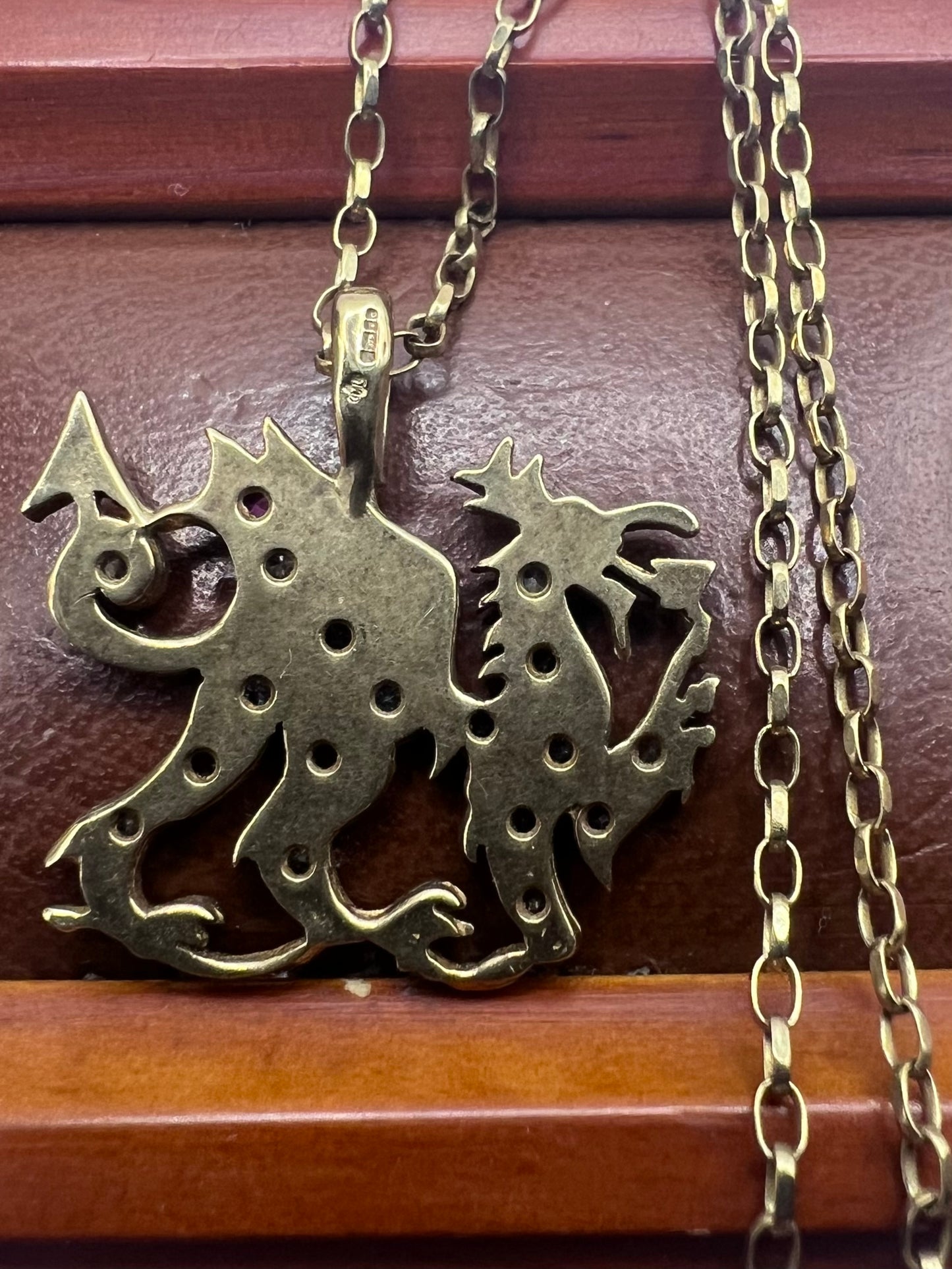 Quality 9ct Yellow Gold Ruby & Diamond Dragon Pendant & Chain • 5.84 Grams