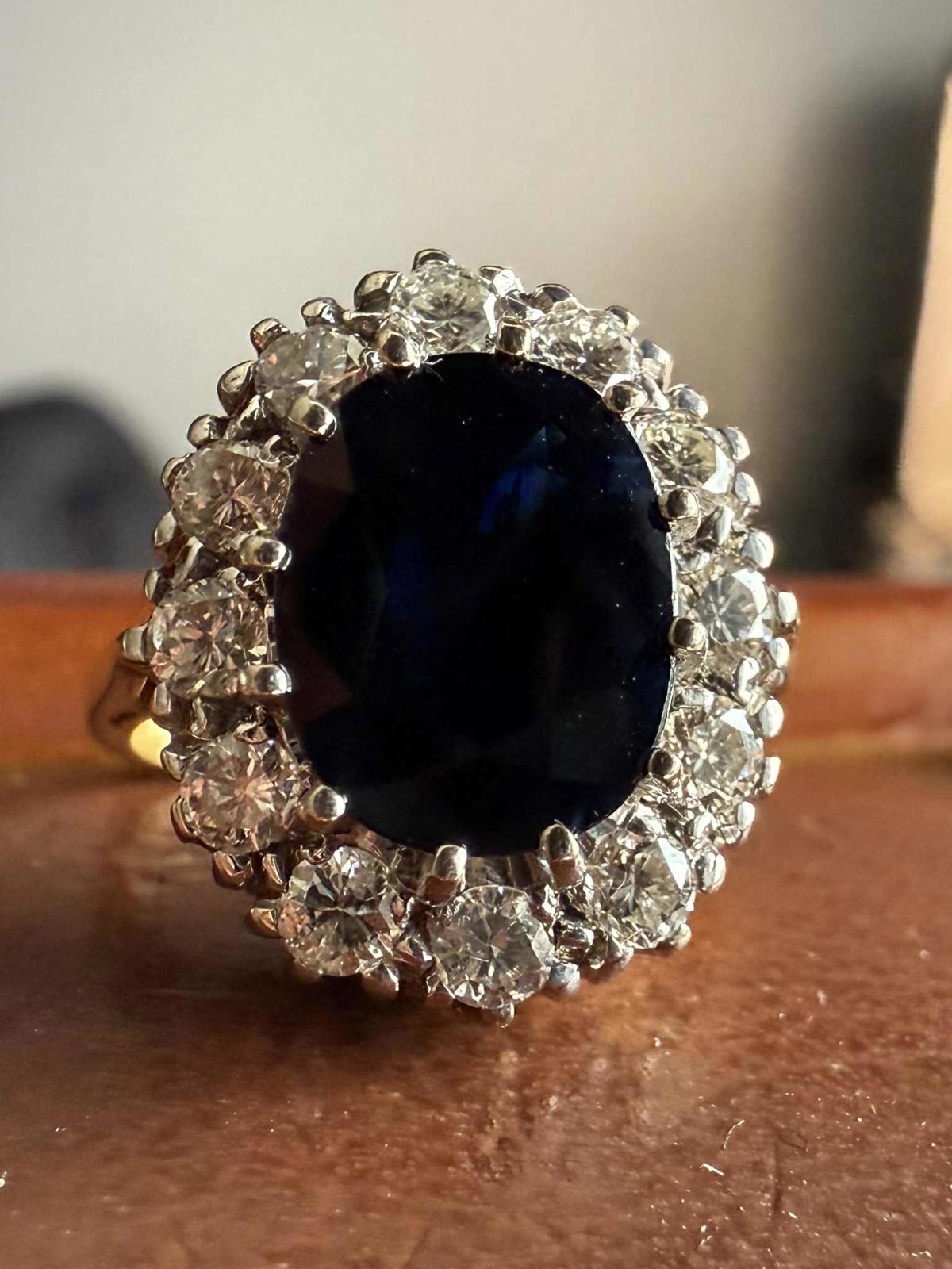 Vintage 18ct Yellow Gold 2ct Sapphire & 0.50ct Diamond Cluster Ring • Size - K½