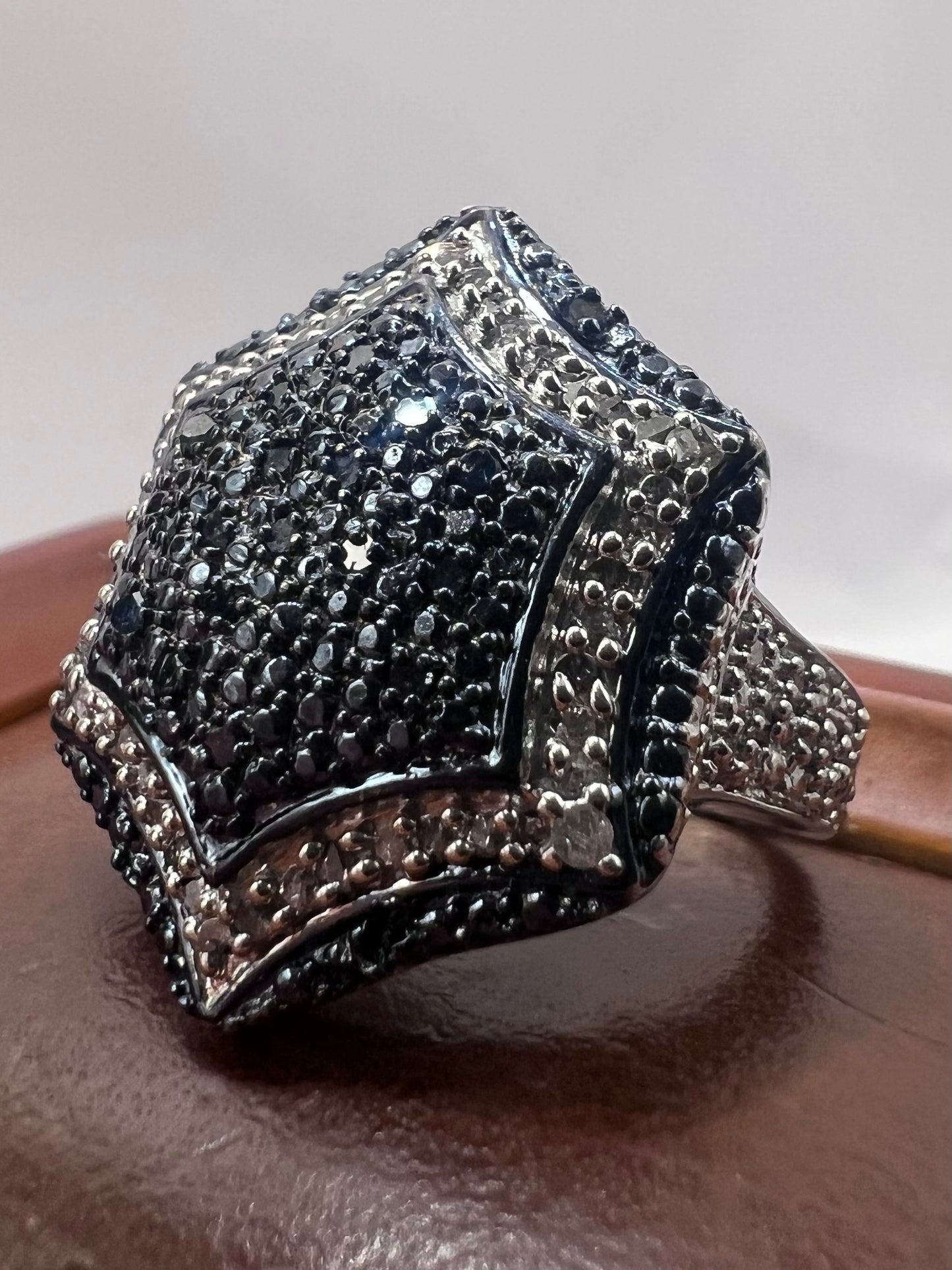 Quality 925 Sterling Silver Blue & White Diamond Cluster Ring - N