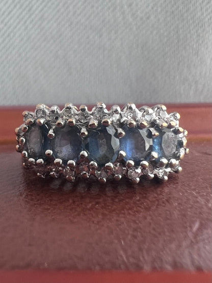 Vintage 9ct Yellow Gold Sapphire & Diamond Cluster Ring - P
