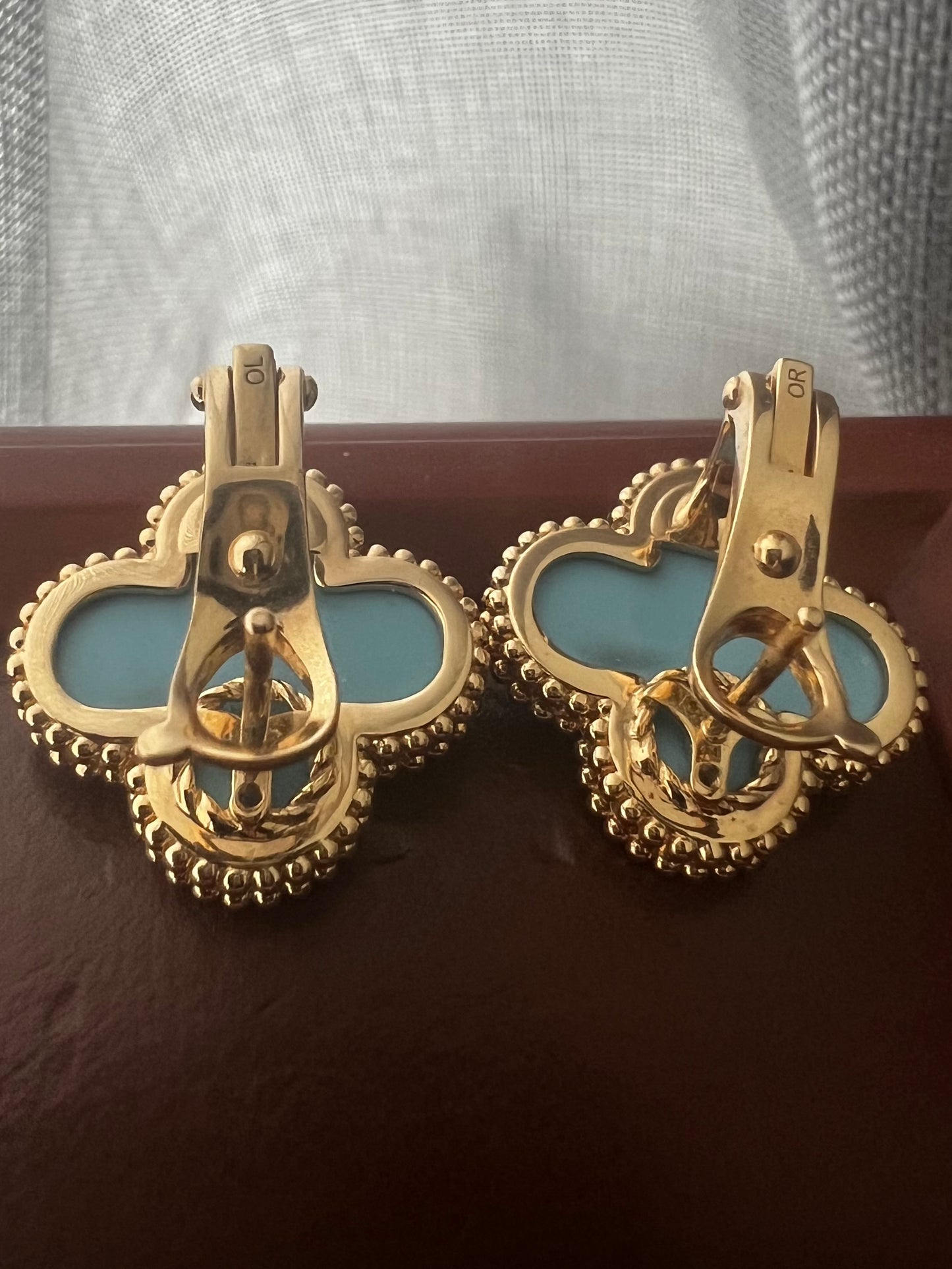 Van Cleef & Arpels Vintage 18K Gold Alhambra Turquoise Earrings  ~ 11.35 Grams