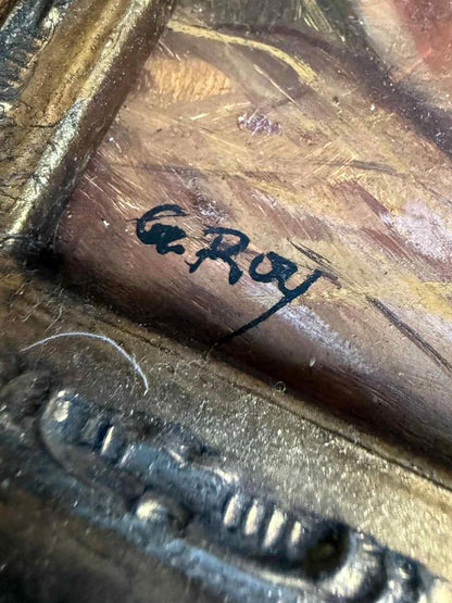Charming Vintage Dog Painting in Ornate Frame - Singed "G Roy"