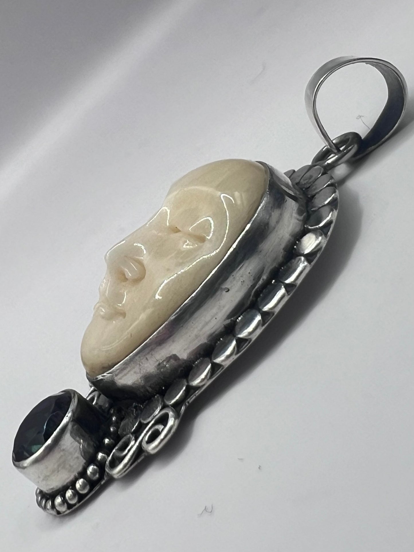Unique 925 Sterling Silver Carved Jade Face & Mystic Topaz Pendant - 6.25 Grams