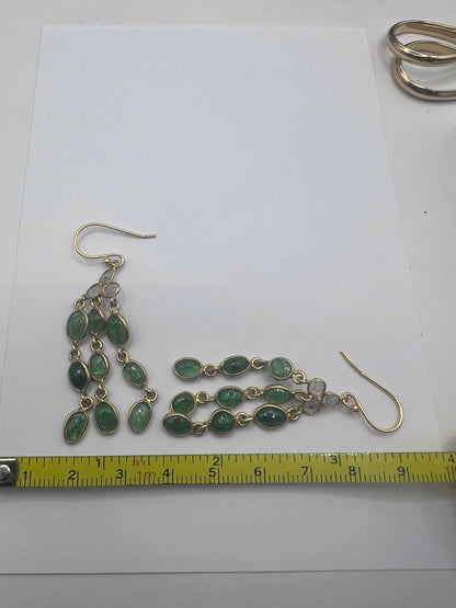 Quality 9ct Gold On Silver Emerald & Diamond Dangle Earrings • 6.08 Grams