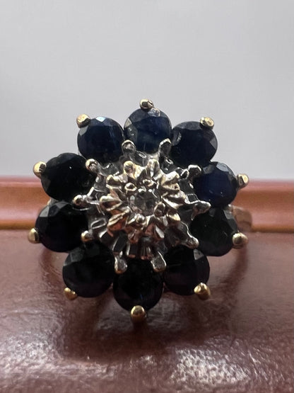 Vintage 9ct Yellow Gold Sapphire & Diamond Cluster Ring - P