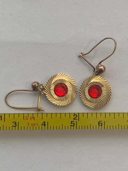 Vintage 9ct Yellow Gold Garnet Set Disk Earrings ~ 1.91 Grams