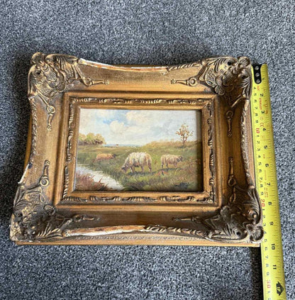 Vintage Ornate Landscape Oil Painting Of Sheep In Field - Signed "G Roy"
